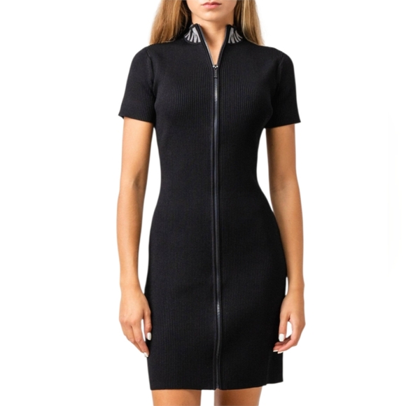 MICHAEL Michael Kors Dresses & Skirts - Nwot Michael Kors Black Ribbed Knit MK Logo Neckline Shortsleeve Zipfront Dress